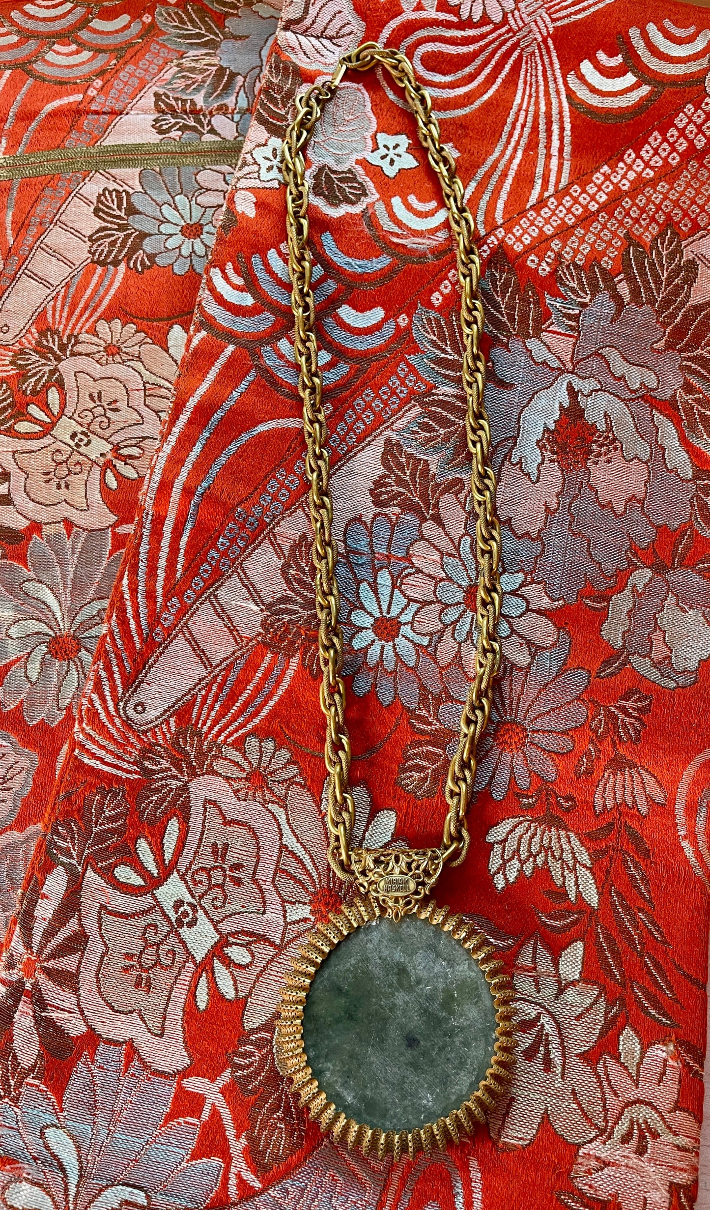 Larry Vrba for Miriam Haskell 1970s Jade & Gold Tone Necklace