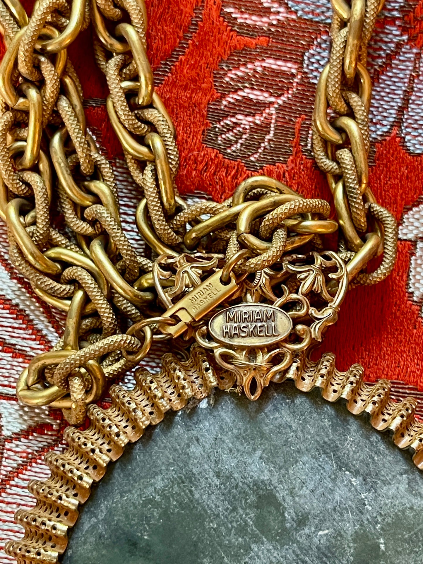 Larry Vrba for Miriam Haskell 1970s Jade & Gold Tone Necklace