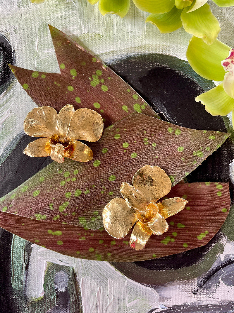 Gold Electroplated Orchid Clip-On Earrings