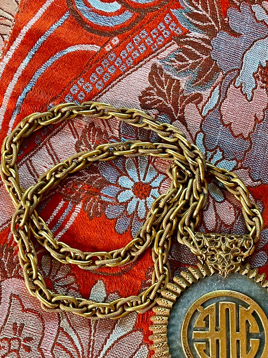 Larry Vrba for Miriam Haskell 1970s Jade & Gold Tone Necklace